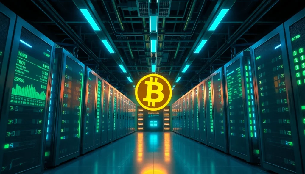 Visual of a high-tech data center for bitcoin cloud mining with modern servers and digital analytics.