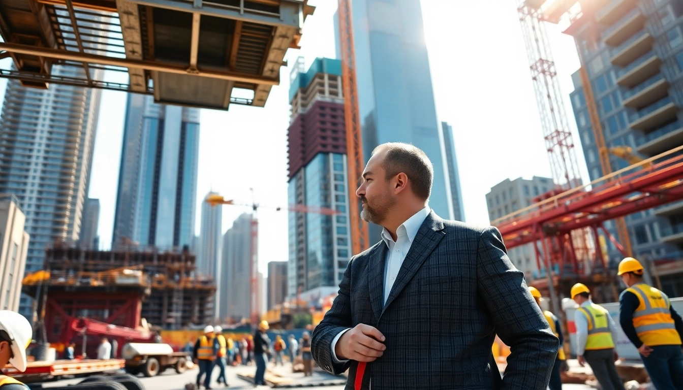 New York Construction Manager leading a vibrant city construction site with dynamic teamwork.