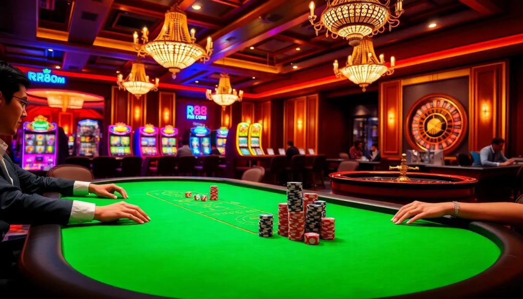 Experience the thrill of rr88 com's luxurious gambling environment with poker and slot machines.