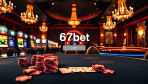 Experience the thrill of gaming with a stylish casino scene focused on 67bet Login surrounded by vibrant poker elements.