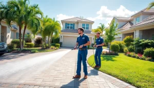 Pressure wash team revitalizing a driveway in Kissimmee, showcasing clean surfaces and vibrant surroundings.