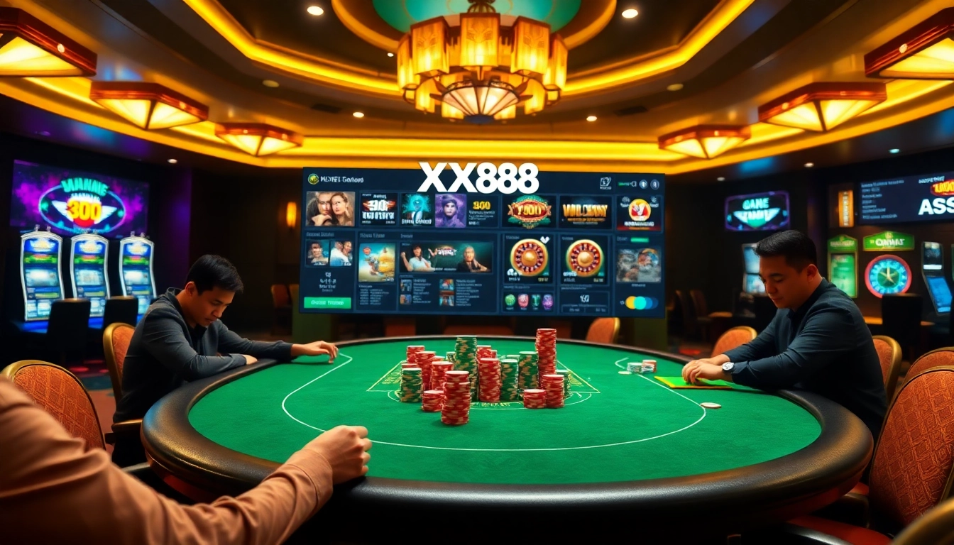 Players strategizing at the XX88 poker table in a vibrant casino scene.