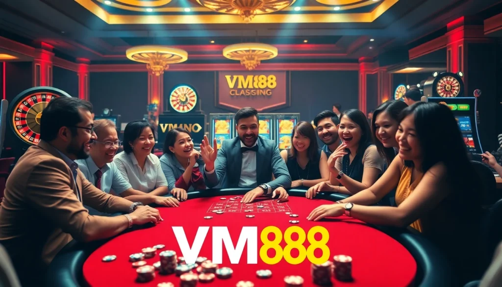 Excited players at VM88's poker table in a luxurious casino atmosphere.
