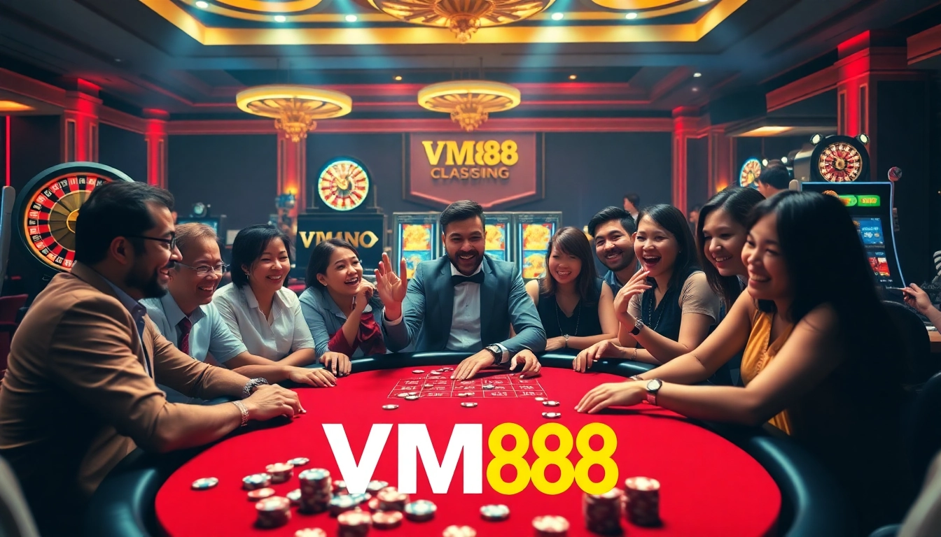 Excited players at VM88's poker table in a luxurious casino atmosphere.