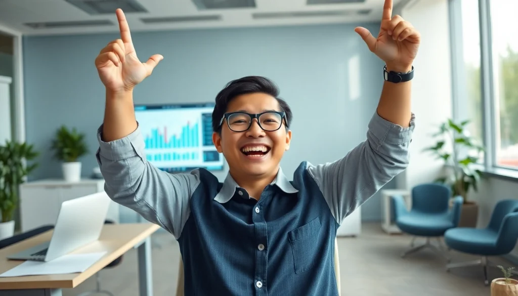 Happy individual celebrating a successful BOX138 financial withdrawal of Rp 2.424.000,00 in a modern office.