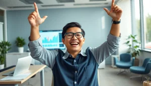 Happy individual celebrating a successful BOX138 financial withdrawal of Rp 2.424.000,00 in a modern office.