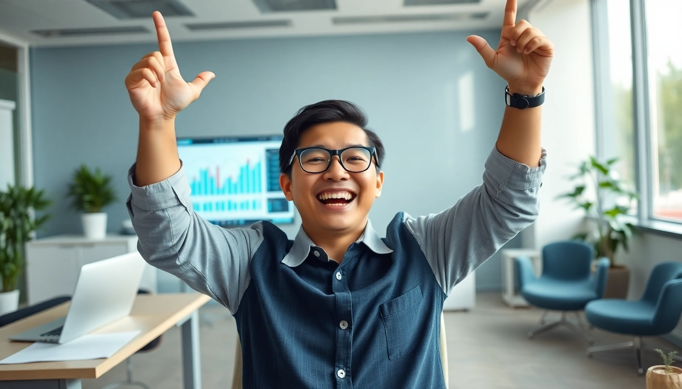 Happy individual celebrating a successful BOX138 financial withdrawal of Rp 2.424.000,00 in a modern office.