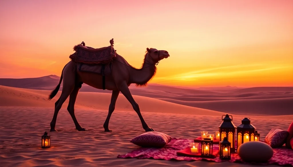 Agafay desert camel ride and dinner with a show at sunset, showcasing a camel and cozy dinner setup.