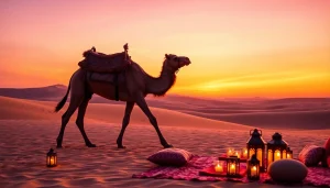 Agafay desert camel ride and dinner with a show at sunset, showcasing a camel and cozy dinner setup.