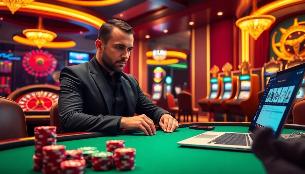 Experience the thrill of 389WIN Login at a luxurious casino poker table with chips and cards.
