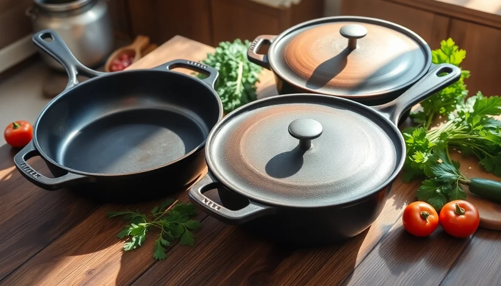 Showcase of cast iron cookware NZ featuring a frying pan and Dutch oven on a wooden table.