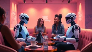 Engaging scene of diverse individuals conversing with AI chatbots in a cozy café, highlighting the theme sex ai.