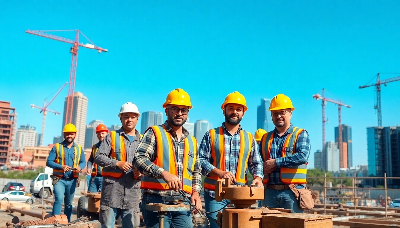 Workers actively engaged in Austin construction, showcasing teamwork and urban development.
