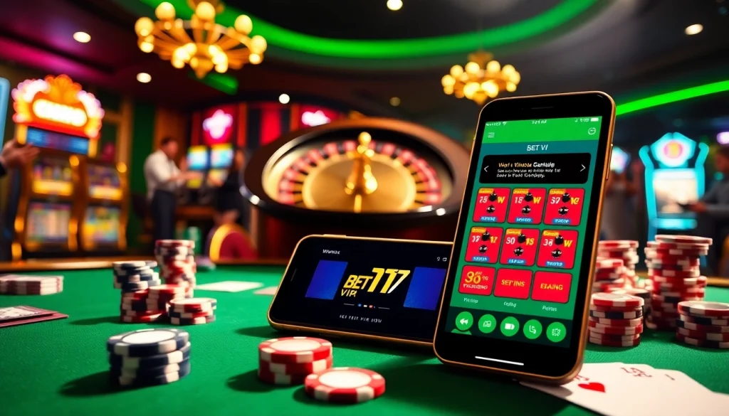 Trải nghiệm cảm giác hồi hộp của ứng dụng Bet VIP với hình ảnh casino sống động và bầu không khí cá cược nhộn nhịp.