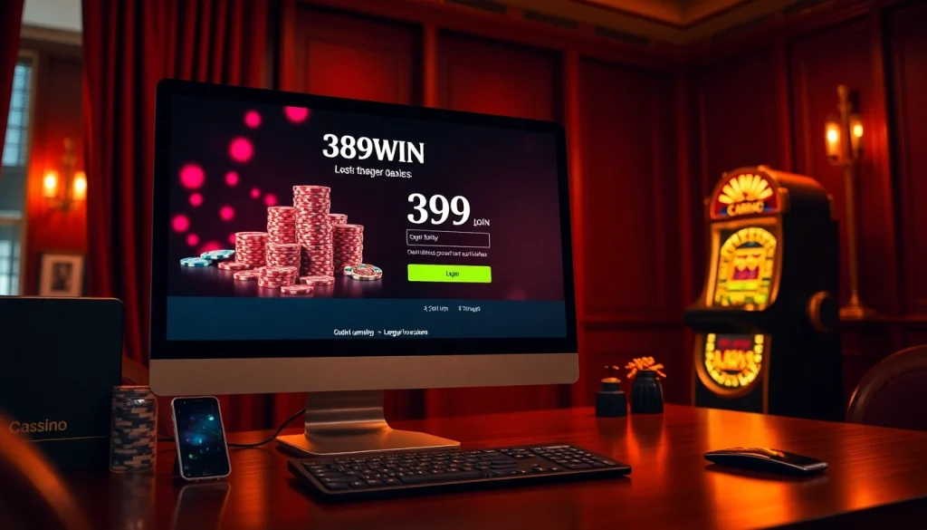 Experience the thrill of 389WIN Login with a vibrant online casino scene showcasing winning games.