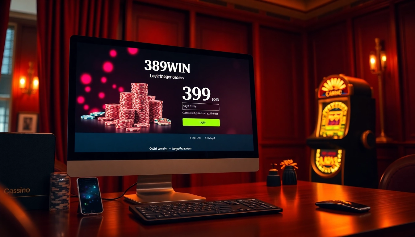 Experience the thrill of 389WIN Login with a vibrant online casino scene showcasing winning games.