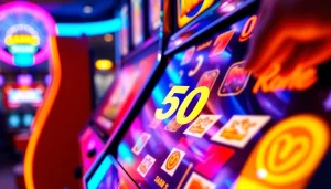 Taruhan slot bet 50 yang penuh energi di mesin slot dengan simbol cerah dan cahaya kasino