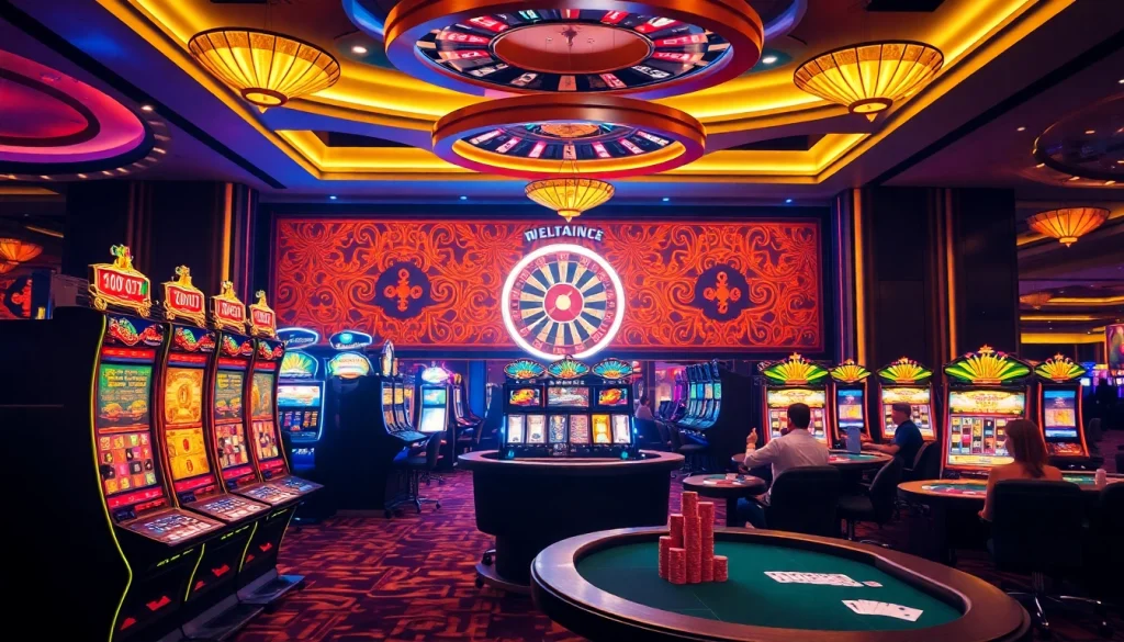 Situs Slot Terpercaya: Exciting slot machines and casino tables creating a luxurious gambling environment.