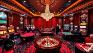 Experience the thrill of gambling with Go8 at a luxurious casino featuring tables, slot machines, and excitement.