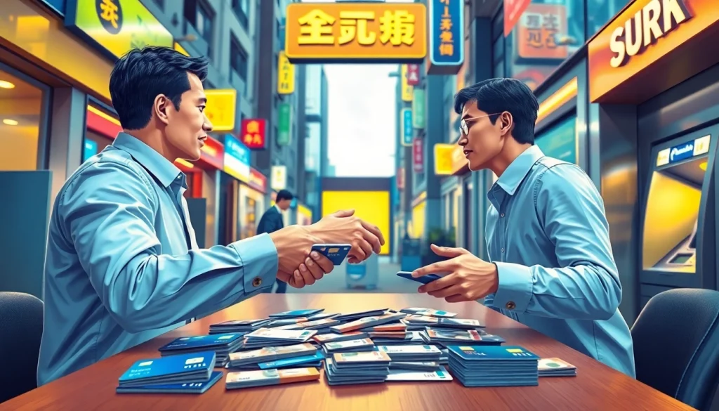 카드깡으로 현금을 교환하는 장면을 보여주는 전문 일러스트