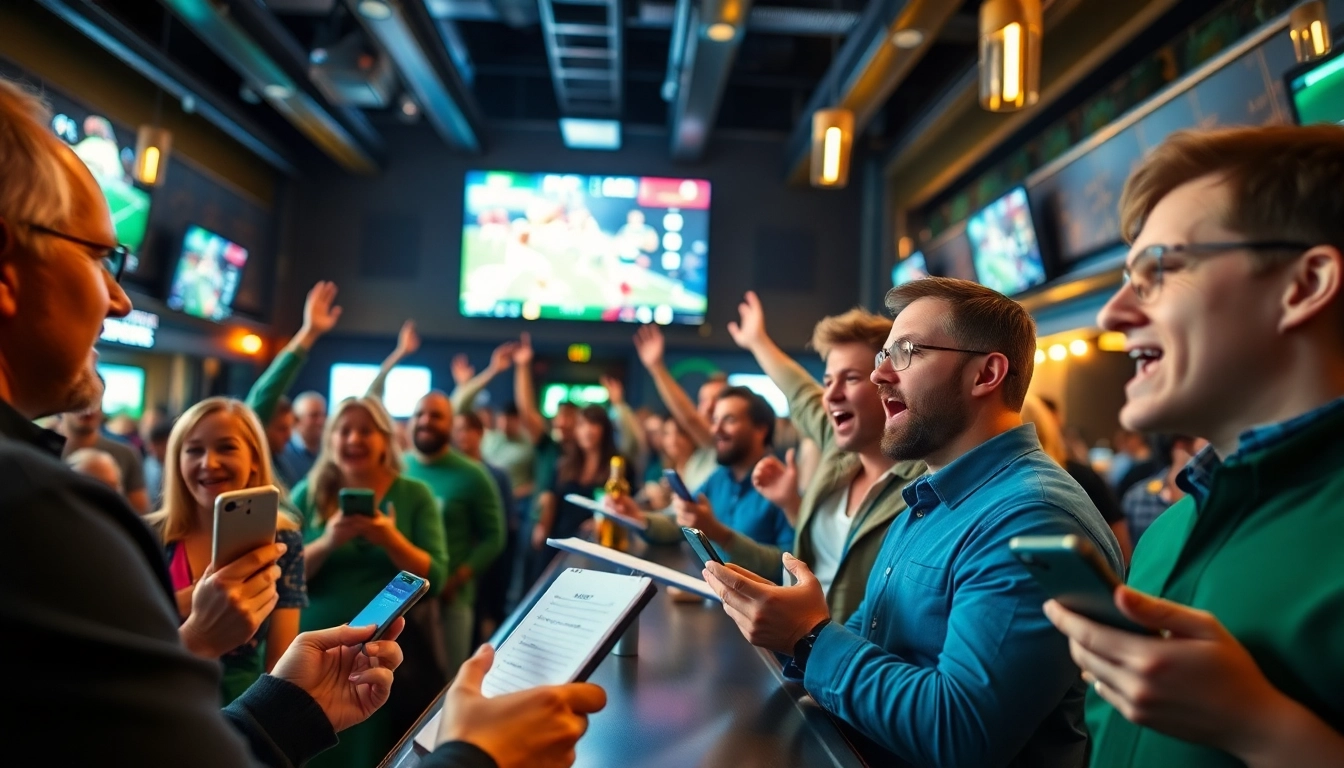 Excited fans engage in sports betting South Carolina while cheering for their favorite teams in a bar setting.