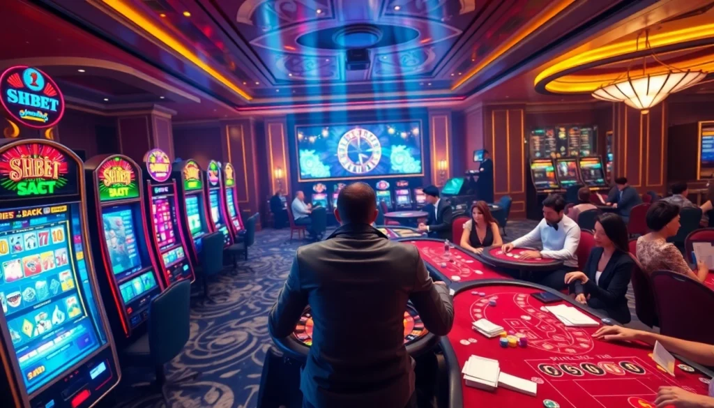 Experience the excitement of SHBET with vibrant casino gaming elements like poker chips and roulette.