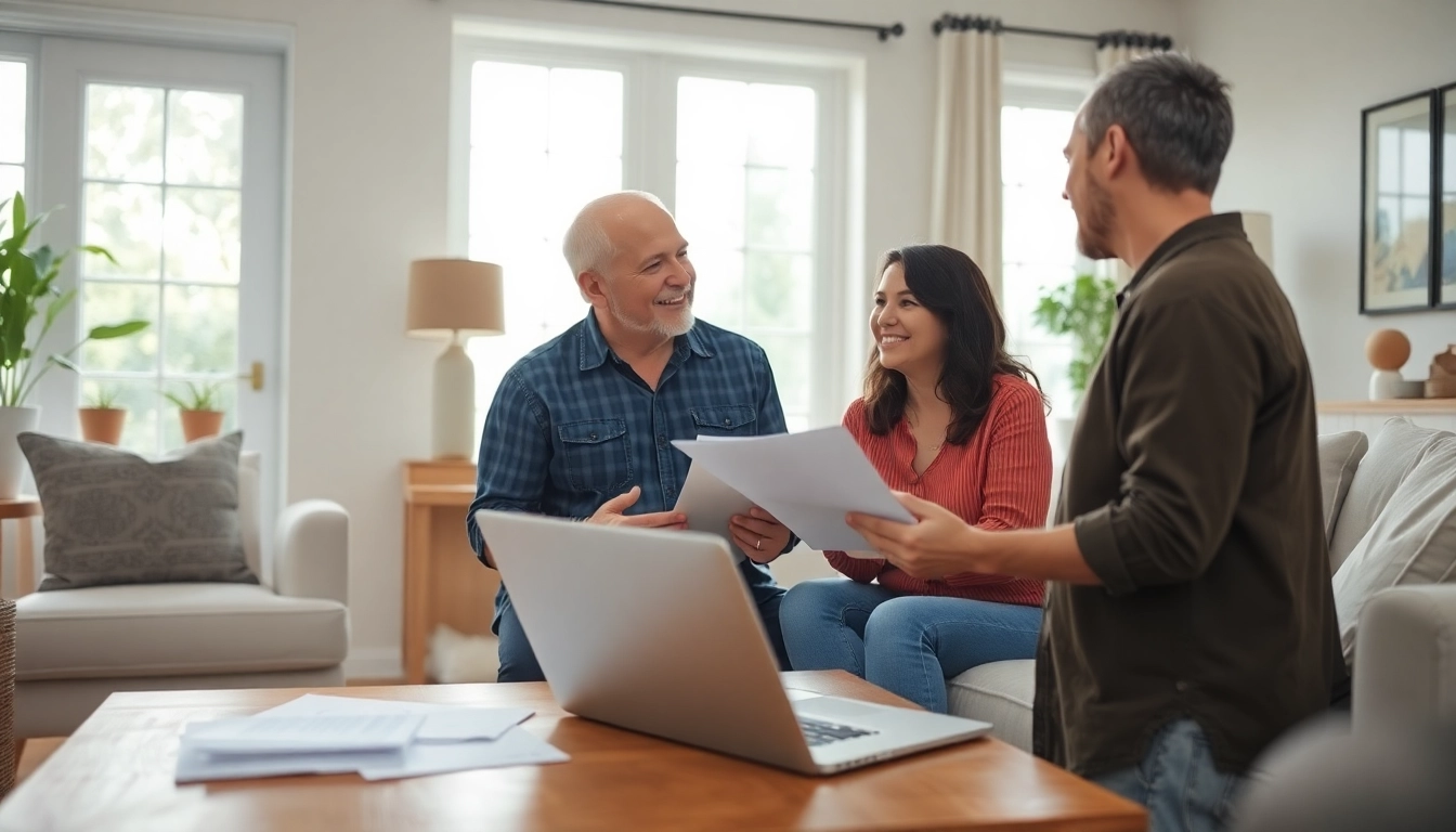 Engaging scene of a Florida Public Adjuster assisting a homeowner in a bright living room.
