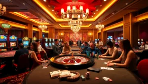 I9BET players enjoying a thrilling online gambling experience with roulette and poker tables.