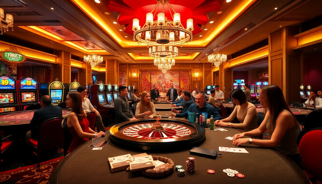 I9BET players enjoying a thrilling online gambling experience with roulette and poker tables.