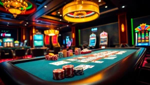 EV88 casino gaming table showcasing cards, chips, and a roulette wheel in a luxurious setting.