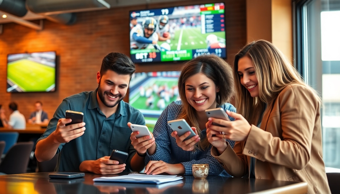 Friends enjoying sports betting Georgia in a lively atmosphere with excitement and sports statistics.