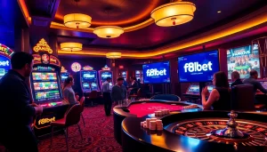 Players enjoying engaging casino games at f8bet with vibrant slot machines and roulette wheels.