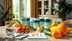 妊娠期に推奨される葉酸サプリメント。鮮やかなパッケージと新鮮な果物を特徴とする。