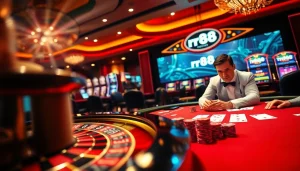Experience the excitement of rr88 in a luxurious casino with vibrant roulette wheels and poker tables.