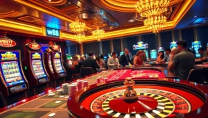 Experience the thrilling world of w88 gaming with a luxurious casino scene featuring roulette and slot machines.