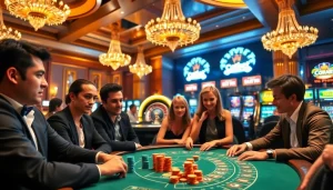 Người chơi hứng khởi tham gia poker tại một casino sang trọng, làm nổi bật trải nghiệm ứng dụng Bet VIP.