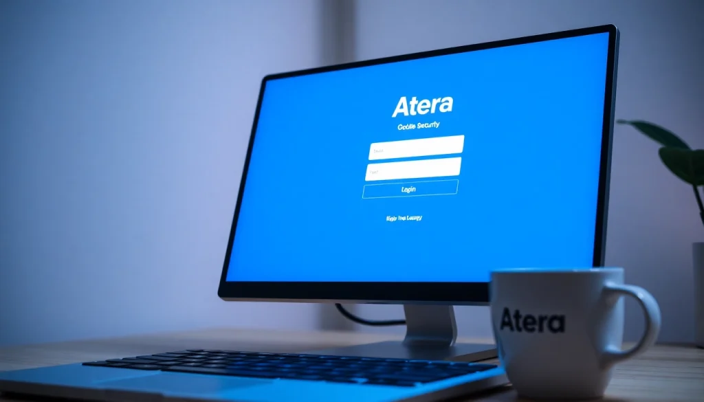 Secure access to the Atera login screen with a computer and coffee cup beside it for productivity.