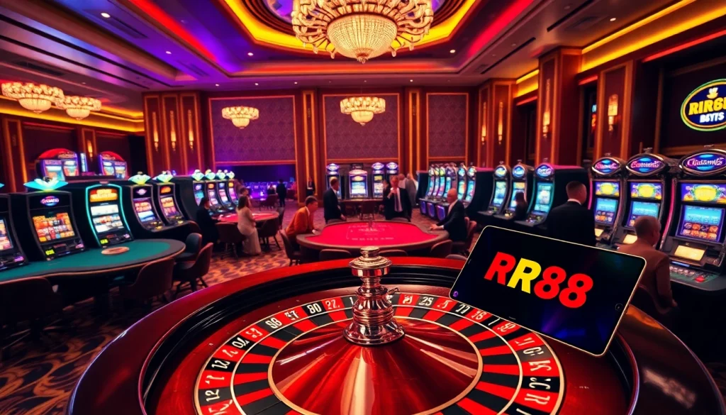 RR88 casino scene depicting excitement at poker and roulette tables with vibrant slot machines.