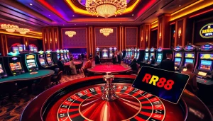 RR88 casino scene depicting excitement at poker and roulette tables with vibrant slot machines.