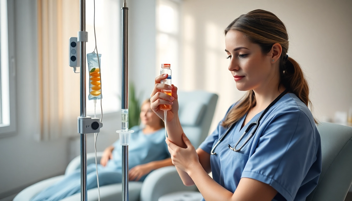 Administering IV Vitamin injections, a nurse prepares a drip in a bright, calming clinic environment.