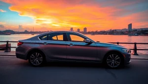 Car rental in Kuching Sarawak with a beautiful sunset view over the waterfront.