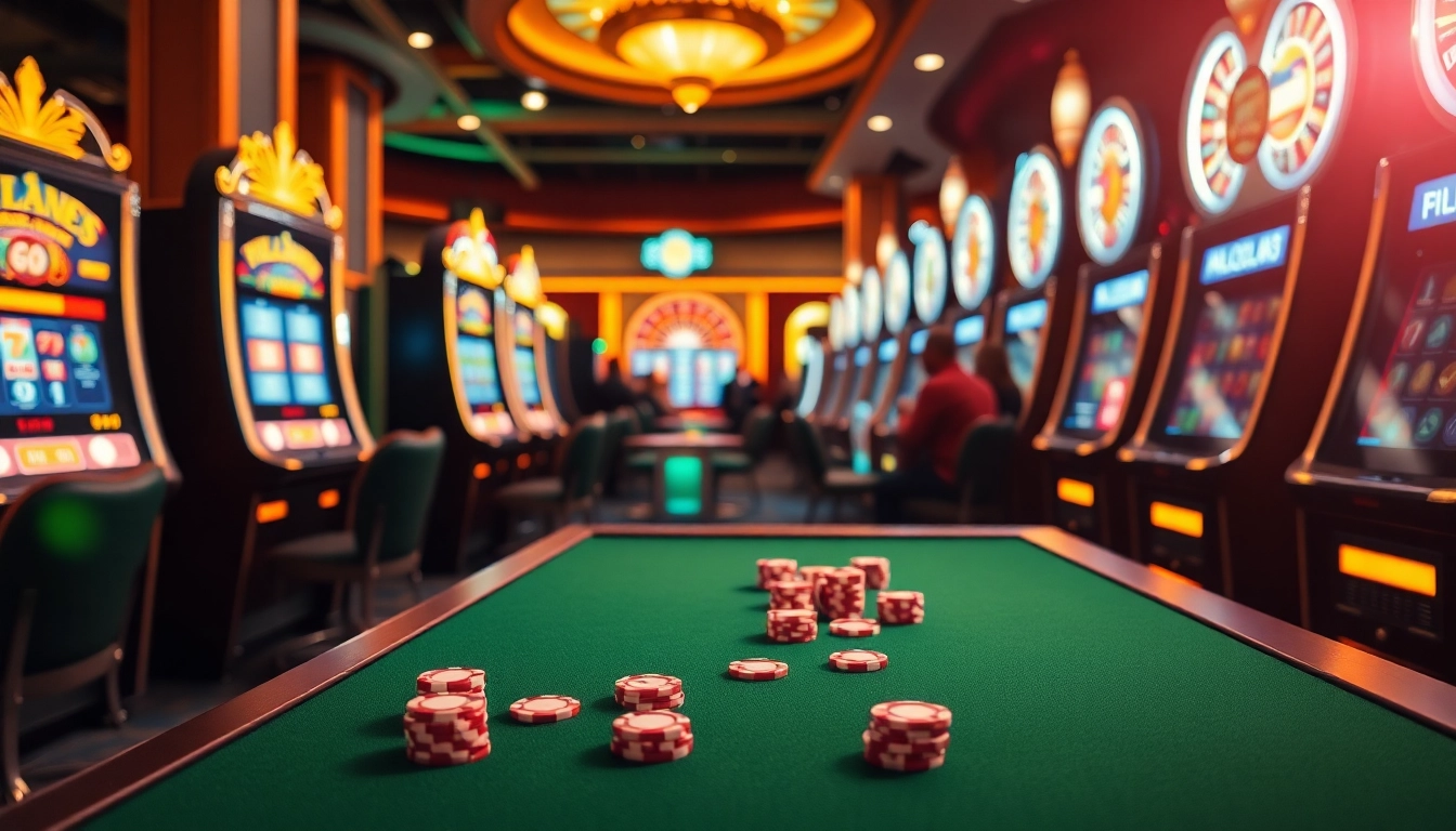 Engaging players in a lively 슬롯커뮤니티 atmosphere with vibrant slot machines and poker chips.