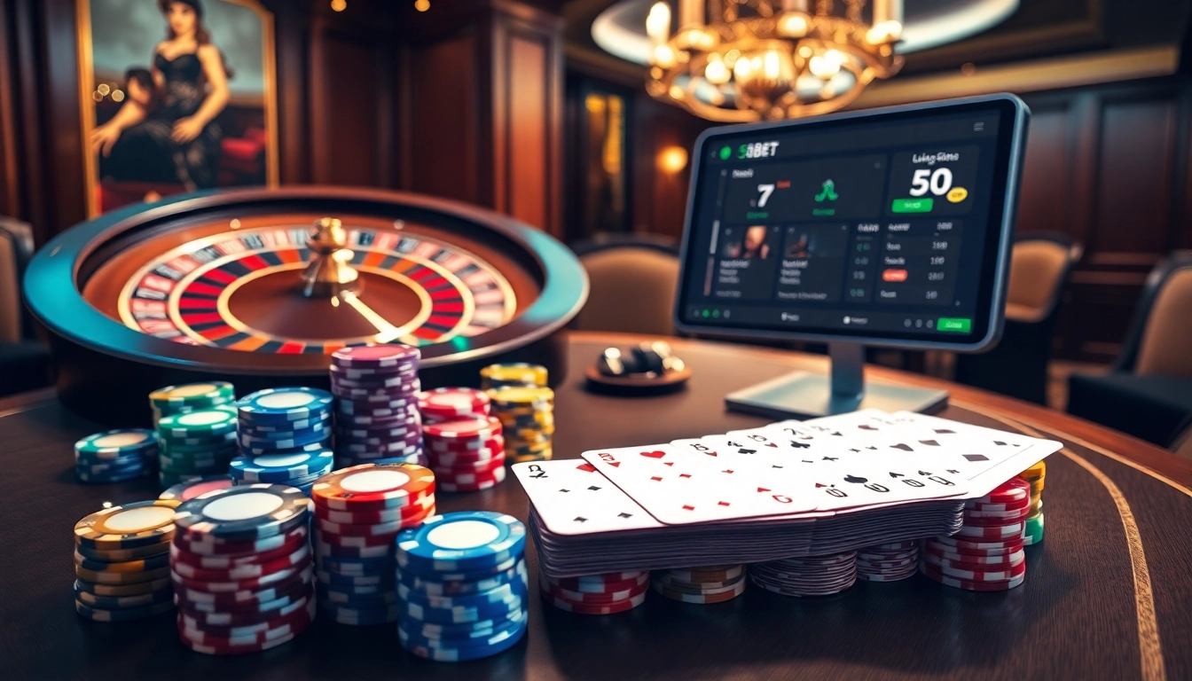 Experience the thrill of gambling with the 5GBET App on a luxurious casino table, featuring vibrant poker chips and a roulette wheel.