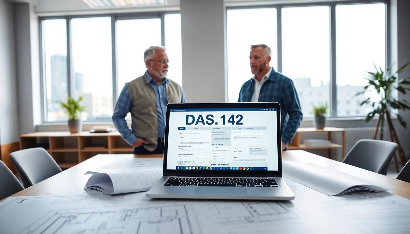 DAS 142 form discussion between contractors in a professional office setting.