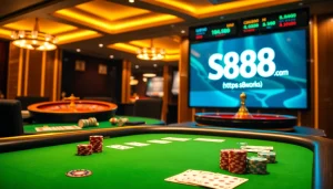 A high-stakes poker game at https://s88.works/ features vibrant chips and cards under luxurious lighting.