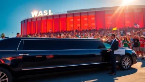 World Cup Group Transportation with luxury limousine ready for fans outside a LA stadium.