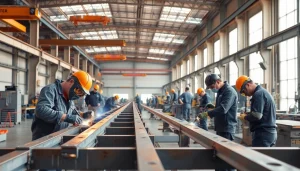 Workers collaborating in a steel fabrication shop, demonstrating precision and craftsmanship.