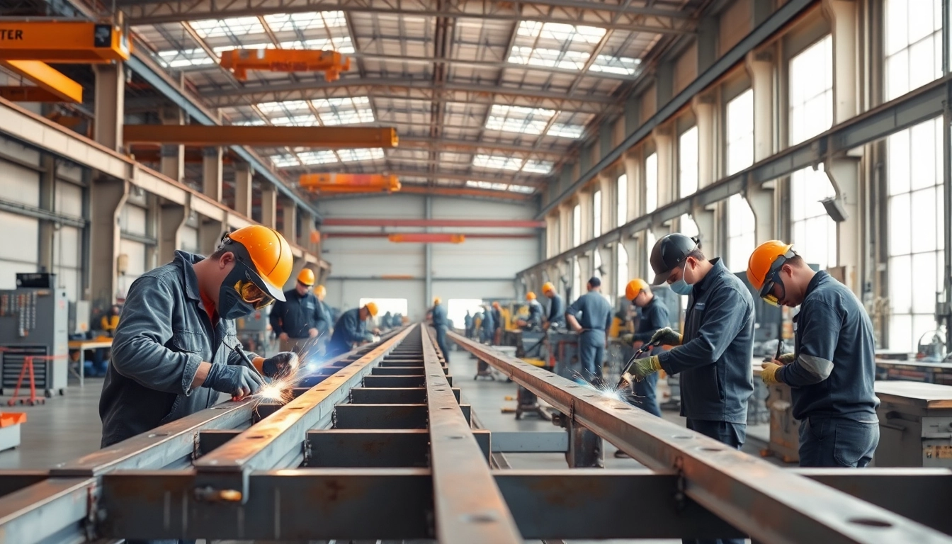 Workers collaborating in a steel fabrication shop, demonstrating precision and craftsmanship.
