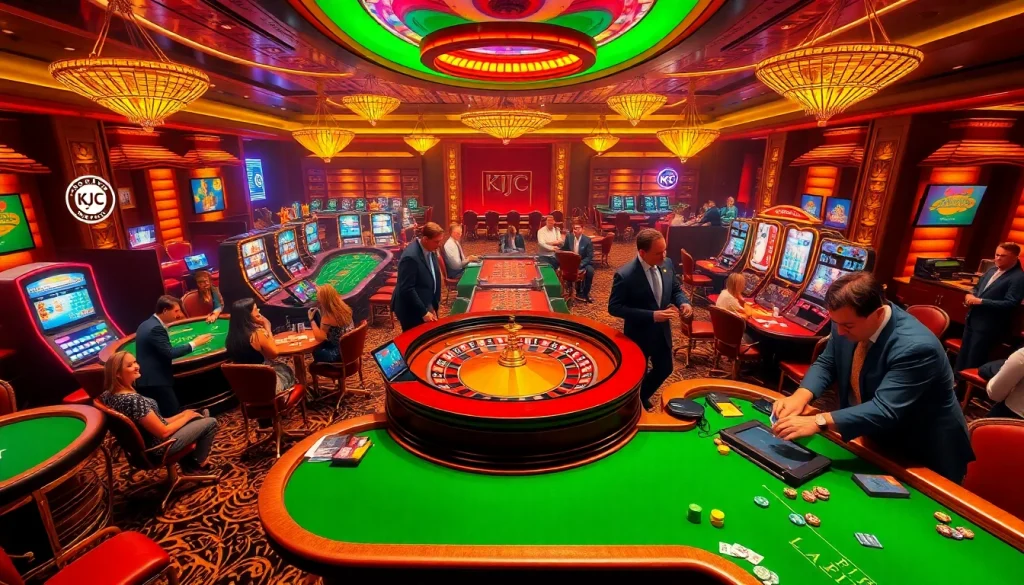 KJC gaming excitement with players at a luxurious casino table and roulette wheel.