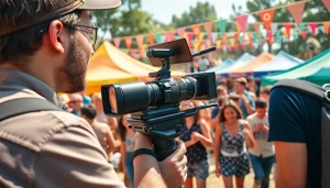 Videographer filming a lively outdoor event, capturing candid moments and vibrant atmosphere.